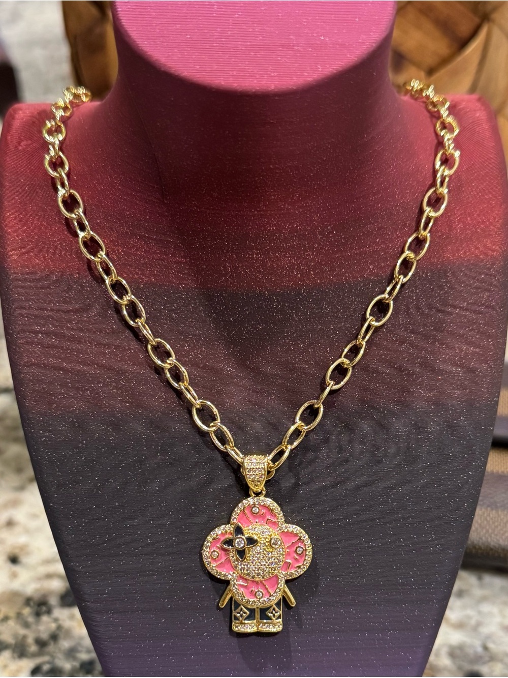 Gold-Tone Necklace with Pink Enamel Clover Pendant